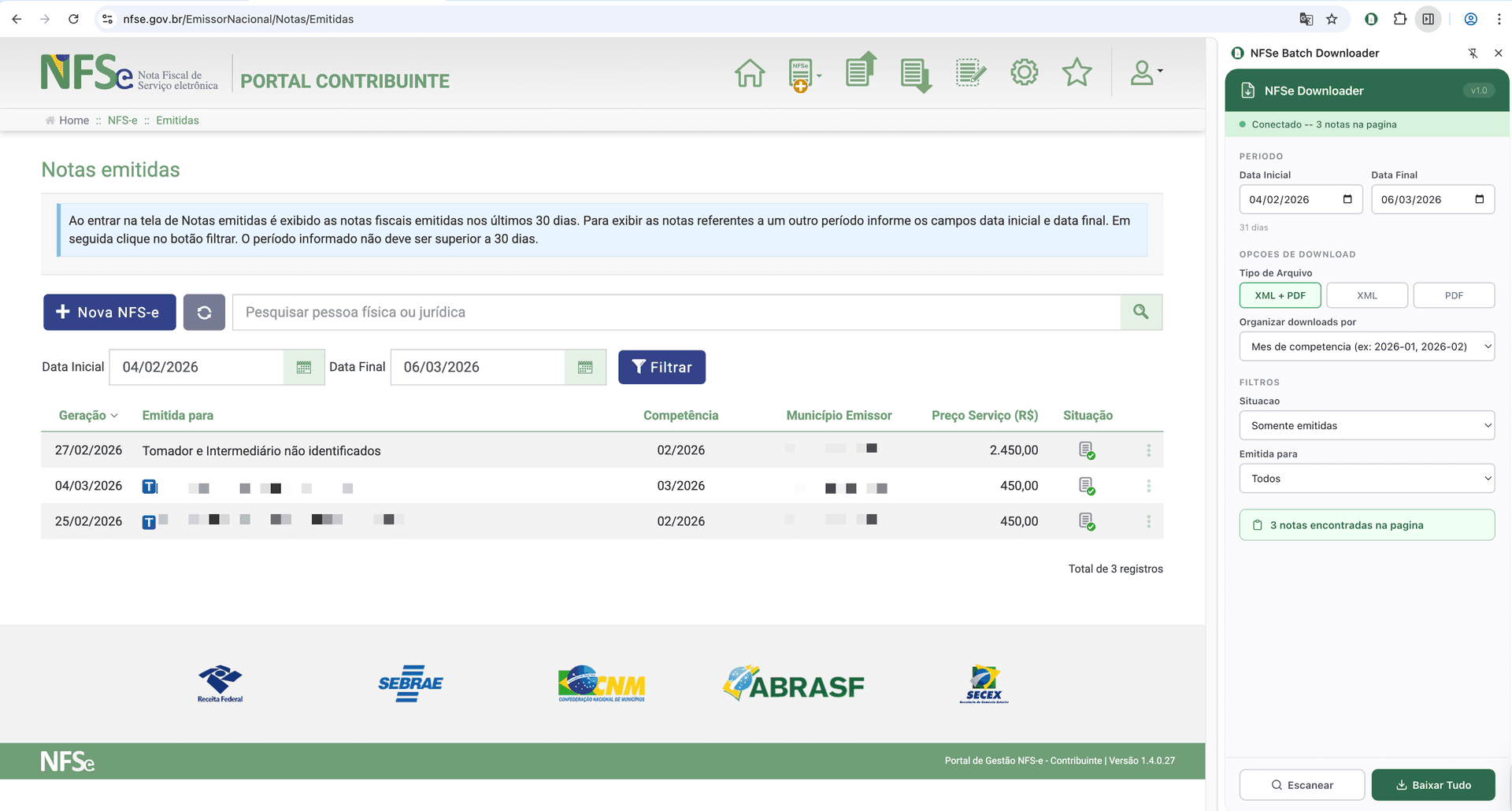 NFSe Downloader mostrando 3 notas encontradas com opções de filtro por situação e tipo